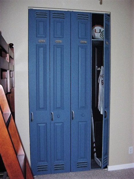 Boy's room closet doors painted to resemble sports lockers